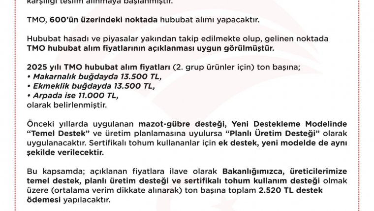 TMO 2025 YILI HUBUBAT ALIM FİYATLARI 