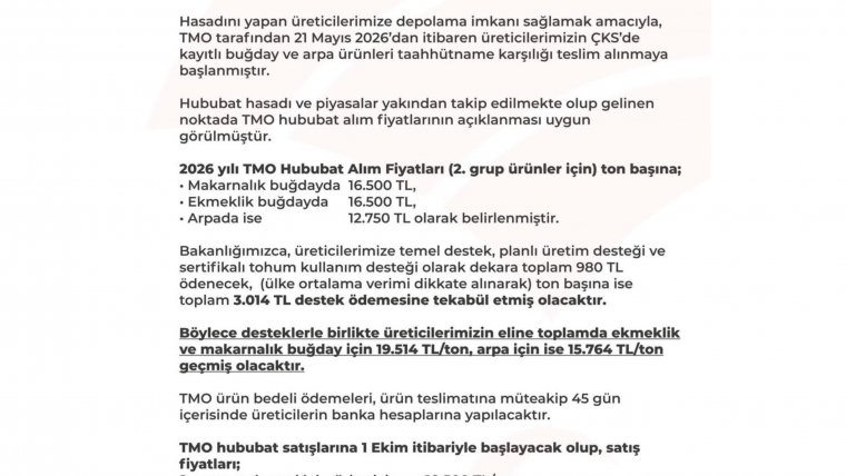 2026 YILI HUBUBAT ALIM VE SATIŞ FİYATLARI